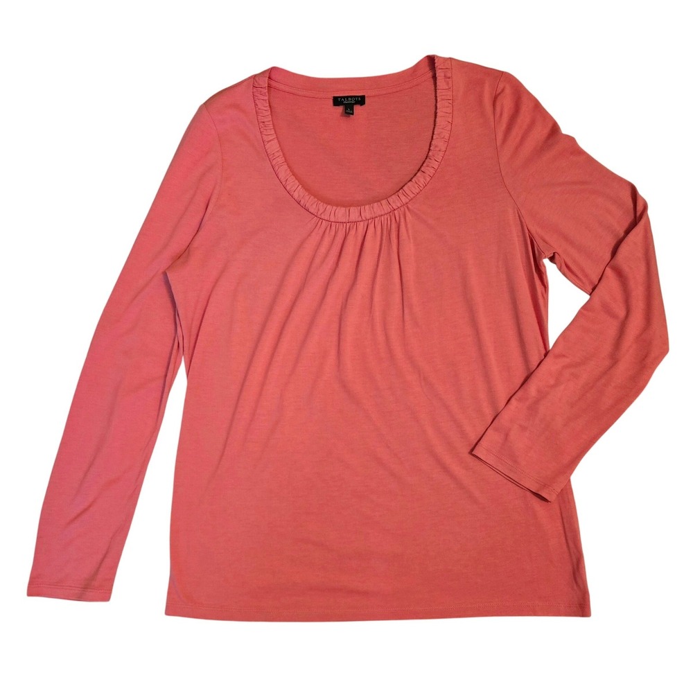 Talbots Womens L Casual Comfy Coral Pink Scoop Neck Pleated Long Sleeve Knit Top